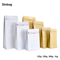 StoBag 50pcs Kraft Paper White Coffee Beans Bag Packaging with Valve Sealed for Food Powder Tea Nuts Storage Airtight Pouches