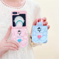 For Samsung Galaxy Z Flip 5 Phone Case Fur Embroidery Bear Hard Matte Plastic Cover Case With Ring For Samsung Z Flip5 ZFlip5