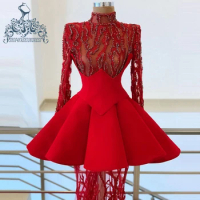 Unique Red High Neck Beading Long Evening Dresses See Thru Ruffles Mermaid Evening Gowns Luxury Dubai Party Gowns