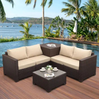Patio PE Wicker Furniture Set 4 Pieces Outdoor Rattan Sectional Conversation Sofa Chair with Storage Box Table and Cushions