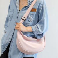 Harajuku Canvas Crossbody Bag U-shaped Dumpling Bag Solid Color Shoulder Bag Large Capacity Women Composite Satchel with Zipper