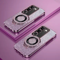 V30 Lite Magnetic Holder Stand Case For Vivo V30 Lite V29 V27 Pro V29E Y78 V21 Luxury Bling Glitter silicone Case Cover On V29