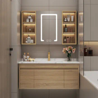 Log color bathroom cabinet Japanese style wash basin Solid wood bathroom glass door Intelligent mirror cabinet