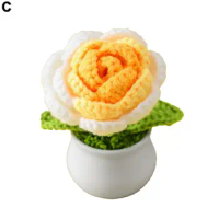 Decoration Plants Handwoven Simulation Pot Knitting Rose Flower Bonsai Mini Cute Style Diy Crochet Knitted Potted for Garden