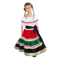 Retro Girl’s Mexican Dress Cosplay Halloween Costume For Kids Mexico Traditional Senorita Dance Carnival Party Performance Dress