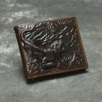 Retro Mens Wallet Leather Genuine Minimalist Wallet for Men Three-dimensional Tiger Pattern Male Purse Small Money Case
