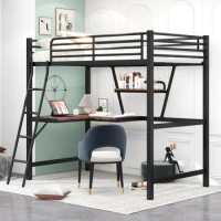 Twin Size Loft Metal&amp;MDF Bed with Desk and Shelf, Black