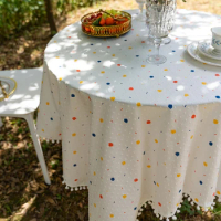 Round Tablecloth Colorful Pom Pom Tassel Linen Textured Decorative Table Covers for Indoor Outdoor Dining Buffet Parities Dinner