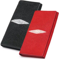 Unisex Authentic Real Stingray Skin Female Red Purse Male Long Thin Bifold Wallet Genuine Leather Women Men Large Card Holders