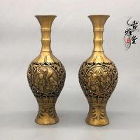 古玩銅器收藏金童玉女鏤空花瓶和合二仙純銅花瓶插花裝花花瓶擺件1入