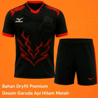 Setelan Jersey Futsal Dewasa Desain Garuda Api Hitam Merah dengan Grafik Menonjol Sport