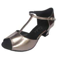 Latin Ballroom Women's Sandals Customized Heel T-bar Strap Pewter Salsa Indoor Party Dancing Shoes