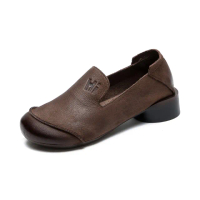 【Vecchio】真皮跟鞋 低跟跟鞋/全真皮頭層牛皮舒適百搭休閒低跟鞋(棕)