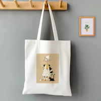 Cartoon Cute Little Girl and Cat Print Canvas Tote Bag for Women Shopping Market Cloth Shoulder Bag Book Handbags Girl Beach Bag