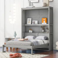 Full size Murphy wall bed with shelves, space-saving, minimalist atmosphere, comfortable, easy to assemble, gray/white