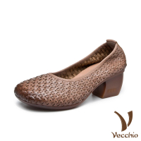 【Vecchio】真皮頭層牛皮時尚編織復古氣質百搭粗跟鞋(卡其)
