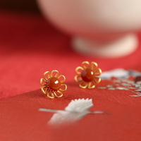 花朵南紅耳釘女925純銀防過敏氣質年新款潮ins風小花紅色耳環