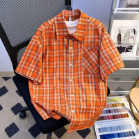 American retro style new orange plaid shirt, loose and versatile for summer, casual plaid couple's s