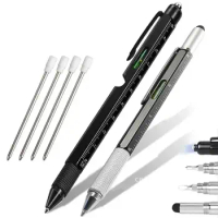 2pcs All In 1 Multi Tool Pen Ballpoint Pen with Ruler Level Cross Flat Head Screwdriver Touch Multitool Pen Woodworkers