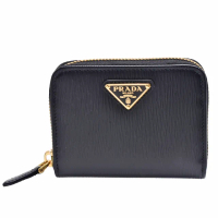 【PRADA 普拉達】經典金色浮雕LOGO直紋牛皮拉鍊卡夾/零錢包(黑1MM268-VITELLO MOVE-NERO)