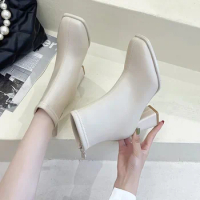 Women's Back Zipper Beige High Heels Ankle Boots Winter New Female Square Toe Chelsea Boots High Quality Mid Heel Short Botines