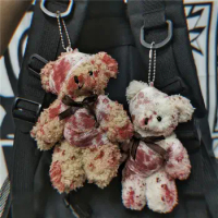 Punk Bloody Plush Bear Keychain Halloween Injured Animal Bear Doll Key Ring Bags Pendant Creative Fashion Cool Jewelry