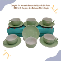 Cangkir Set Keramik Porcelain Hijau Putih Polos 1 BOX Isi 6 Cangkir & 6 Tatakan Merk Kopin