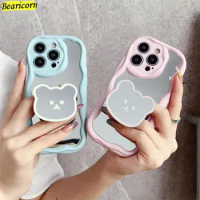 Curly Wave Edge Cream Mirror Phone Case For Xiaomi mi 11 11i 11X 10s 13 12x 12s 12 Pro 10T Lite Poco F3 Bear Phone Hoder Stand