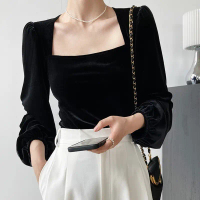 【khaefashion】SL033 Korean Blouse Velvet Top Square Neck Long Sleeve Bluse Lengan Panjang Puff