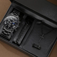 Men's handsome mechanical style alloy quartz watch + cross three pieces