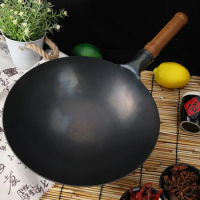 32cm Wok Pan,Black Iron Woks Stir Fry Pans, Gas, Cooktop, No Chemical Coated,Kitchen Cooking Pot Round Bottom Chinese Wok