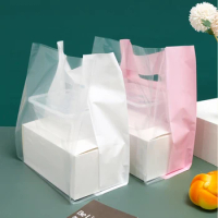 50Pcs Thick Plastic Bags Translucent Shopping Bag With Handle Christmas Wedding Party Favor Takeway Salad Cake Packaging Bags