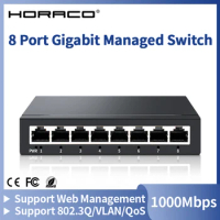 HORACO 8 Port Gigabit Ethernet Switch Managed 1000Mbps Smart Network Switcher with Web Management/802.3Q/VLAN/QOS/SNMP DC 5V 1A