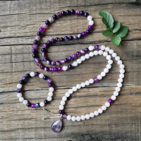 8mm Mala Beads,Purple Stripe Onyx And Rose Quartz Necklace Healing Mala,Amethyst,Spiritual Jewelry,Meditation,108 Mala Beads