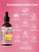 NUSAVA Vitamin B12 dan B6 Cairan Jatuh 2 Pack, Vitamin B Kompleks 5000mcg untuk Tenaga Otak dan Jant