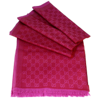 GUCCI 桃紅雙色 LOGO寬版長型混紡羊毛圍巾