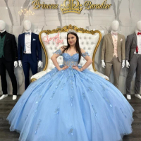 Princess Lace-up Quinceanera Dress 2024 Blue Ball Off The Shoulder 15 Dress Quinceanera Lace Applique Charro Mexican Dress
