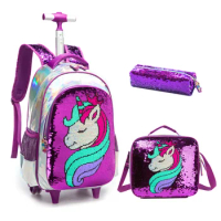 Unicorn Rolling Backpack for Kids Wheeled Backpack Double Handle Wheeled Backpack with Lunch Bag and Pencil Case Set