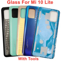 Glass Back Lid For Xiaomi Mi 10 Lite 5G Hard Battery Cover Rear Door Housing Panel Case Shell + Original Adhesive Glue LOGO