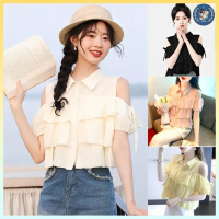💥[A286] Áo sơ mi kiểu nữ 3 TẦNG HỞ VAI 2 bên phối nơ tay ngắn cổ polo hàng Quảng Châu Xinh xắn - L2M