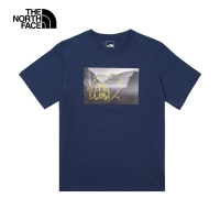【The North Face 官方旗艦】北面男款藍色純棉手繪露營車印花寬鬆短袖T恤｜88GG8K2