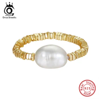 ORSA JEWELS 14K Gold 925 Sterling Silver Nugget Chain Ring with Exquisite Natural Pearl for Women Fashion Jewelry GPR21