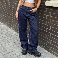 Women Jeans Low Waist Causal Wide Leg Baggy Solid Color Denim Pants with Pockets