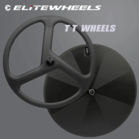 ELITEWHEELS Time Trial Carbon Tri Spoke Disc Wheelset V Brake Road Clincher Tubular Racing Wheelset Basalt Surface Powerway Hub