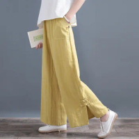 Chinese Style Bottom For Women Cotton Linen Pants Woman Orient High Waist Loose Wide Leg Trousers Split Breathable Pants 12835