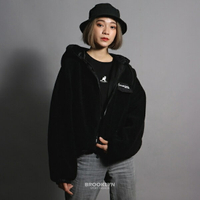 【蛇年最高折233】KANGOL 外套 寬鬆 雙面穿 短版 搖粒絨 連帽外套 黑 女 (布魯克林) 6152140120