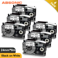 24mm*8m Black on White Printer Ribbon for Casio Labeling Machine XR-24WE Label Tape Compatible for Casio CW-L300 KL-430 Maker
