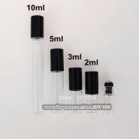 50pcs 100pcs Mini Clear Essence Oil Sample Bottle Transparent Glass Roll on Bottle Metal Roller Black Cap Vials 2ML 3ML 5ML 10ML