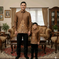 TERBARU BATIK PRIA CoupleAyah Dan Anak Warna Coklat KMEJA BATIK AYAH dan ANAK, AYAH LAPIS FURING A