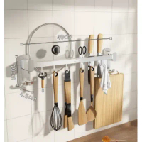 廚房用品多功能置物掛架(銀色40cm6鈎可放鍋蓋)(尺寸:40*10*4.5CM)